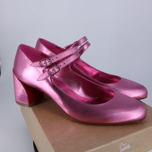 Christian Louboutin 38.5 Miss Jane 55MM Glam Pink Metallic Mary Jane Heels E882